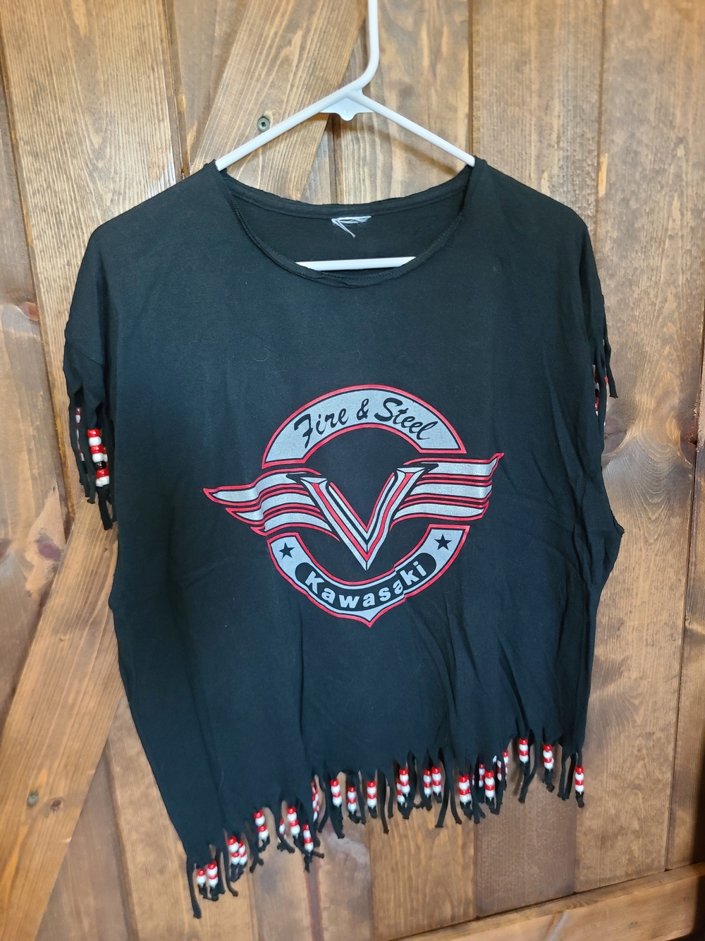 Custom Kawasaki Fire & Steel Beaded Fringe Tee Women's XL Black Motorcycle Biker